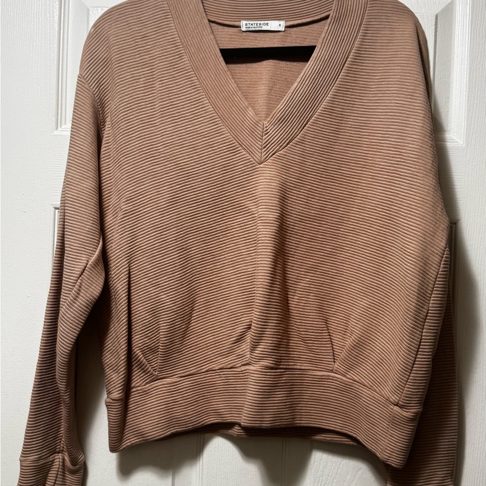 Stateside Women's V-Neck Taupe Brown Sweater